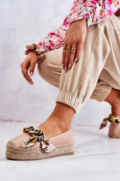 Skórzane Damskie Espadryle Z Łańcuchem Beżowe Fancy