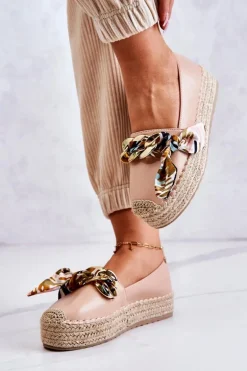 Skórzane Damskie Espadryle Z Łańcuchem Beżowe Fancy