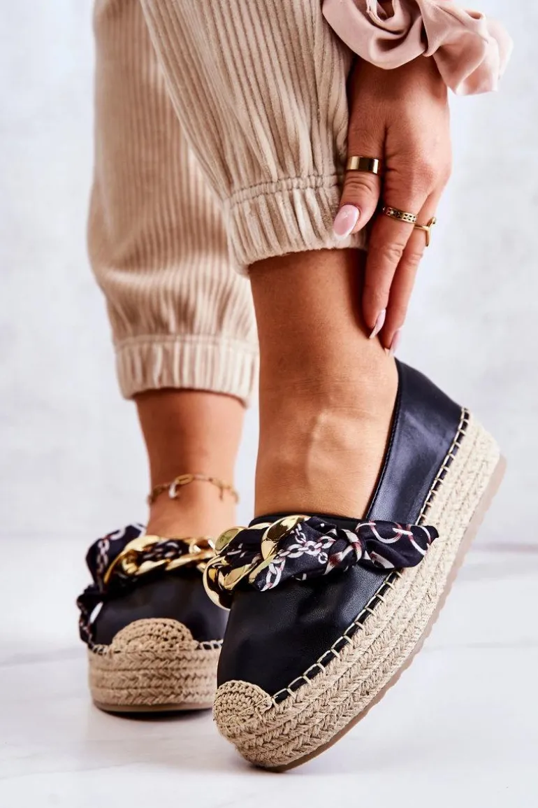 Skórzane Damskie Espadryle Z Łańcuchem Czarne Fancy
