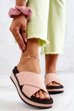 Skórzane Damskie Klapki Big Star JJ274722 Różowe