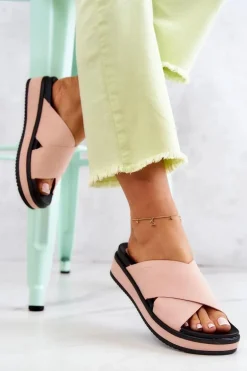 Skórzane Damskie Klapki Big Star JJ274722 Różowe