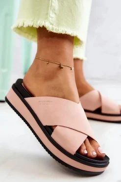 Skórzane Damskie Klapki Big Star JJ274722 Różowe