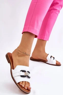 Skórzane Damskie Klapki Lewski Shoes 3270 Białe