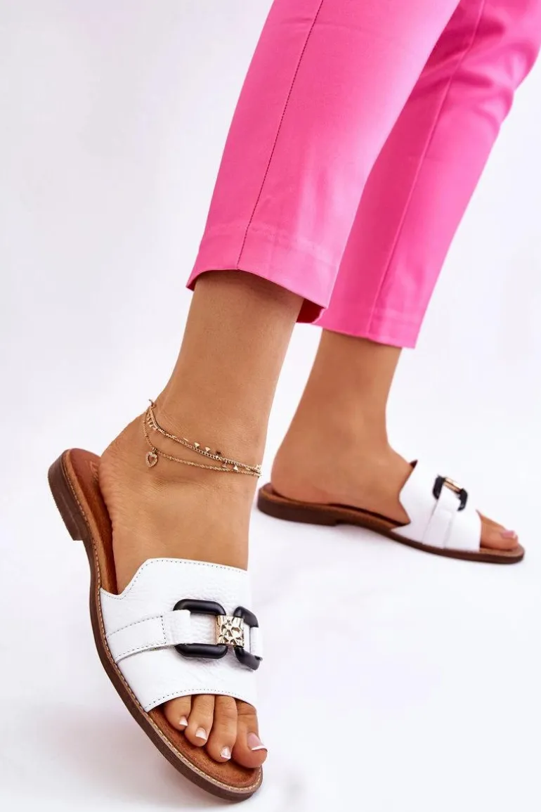 Skórzane Damskie Klapki Lewski Shoes 3270 Białe