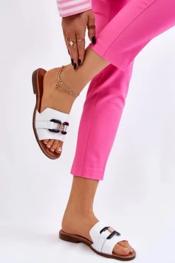 Skórzane Damskie Klapki Lewski Shoes 3270 Białe