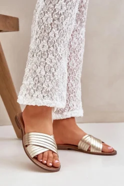 Skórzane Damskie Klapki Lewski Shoes 3682 Złote