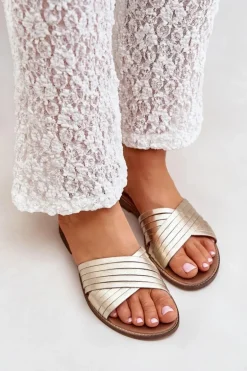 Skórzane Damskie Klapki Lewski Shoes 3682 Złote