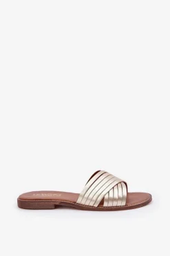 Skórzane Damskie Klapki Lewski Shoes 3682 Złote