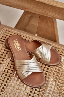 Skórzane Damskie Klapki Lewski Shoes 3682 Złote