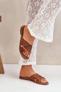 Skórzane Damskie Klapki Lewski Shoes 3682 Camel