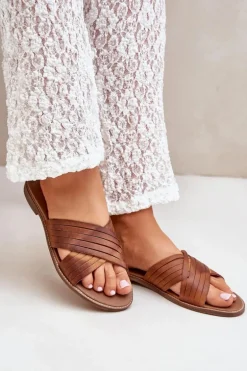 Skórzane Damskie Klapki Lewski Shoes 3682 Camel