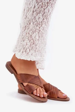 Skórzane Damskie Klapki Lewski Shoes 3682 Camel