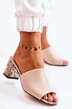 Skórzane Damskie Klapki Na Obcasie Kwiaty Beżowe Nessita