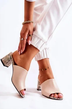 Skórzane Damskie Klapki Na Obcasie Kwiaty Beżowe Nessita