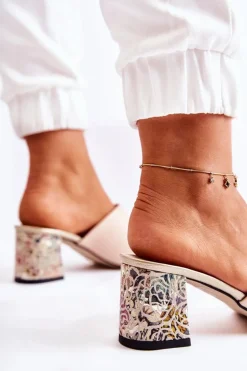 Skórzane Damskie Klapki Na Obcasie Kwiaty Beżowe Nessita