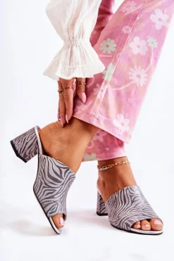 Skórzane Damskie Klapki Na Obcasie Zebra Szare Nessita