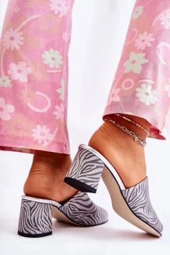 Skórzane Damskie Klapki Na Obcasie Zebra Szare Nessita