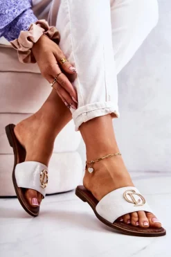 Skórzane Damskie Klapki Nicole 2735 Biało-Złote