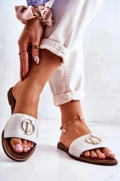 Skórzane Damskie Klapki Nicole 2735 Biało-Złote