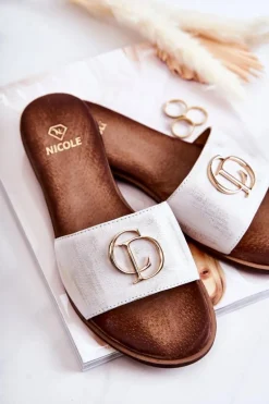 Skórzane Damskie Klapki Nicole 2735 Biało-Złote