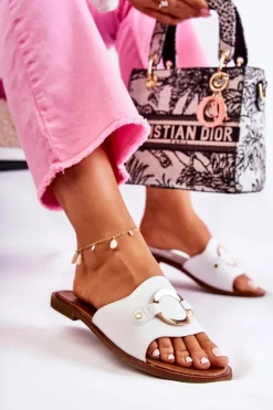 Skórzane Damskie Klapki Z Ozdobą Białe Marinell