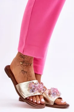 Skórzane Damskie Klapki Z Ozdobą Nicole 2726/064 Złote