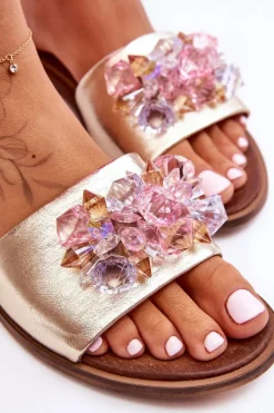 Skórzane Damskie Klapki Z Ozdobą Nicole 2726/064 Złote