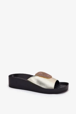 Skórzane Damskie Klapki Z Ozdobą KV51-028 Złote