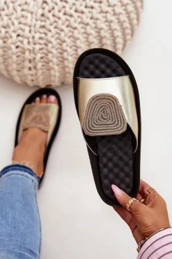 Skórzane Damskie Klapki Z Ozdobą KV51-028 Złote