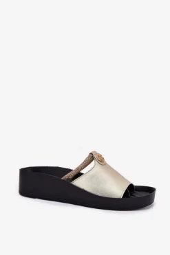 Skórzane Damskie Klapki Z Ozdobnym Paskiem KV51-034 Złote