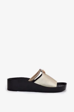 Skórzane Damskie Klapki Z Ozdobnym Paskiem KV51-034 Złote