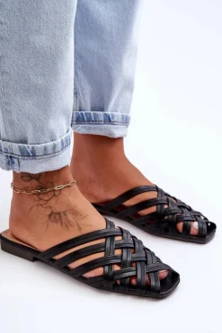 Skórzane Damskie Klapki Z Paskami Czarne Doralia