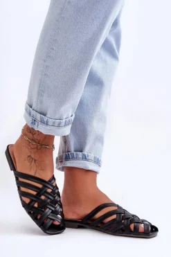 Skórzane Damskie Klapki Z Paskami Czarne Doralia