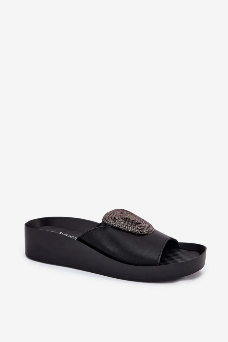 Skórzane Damskie Klapki Z Ozdobą KV51-028 Czarne