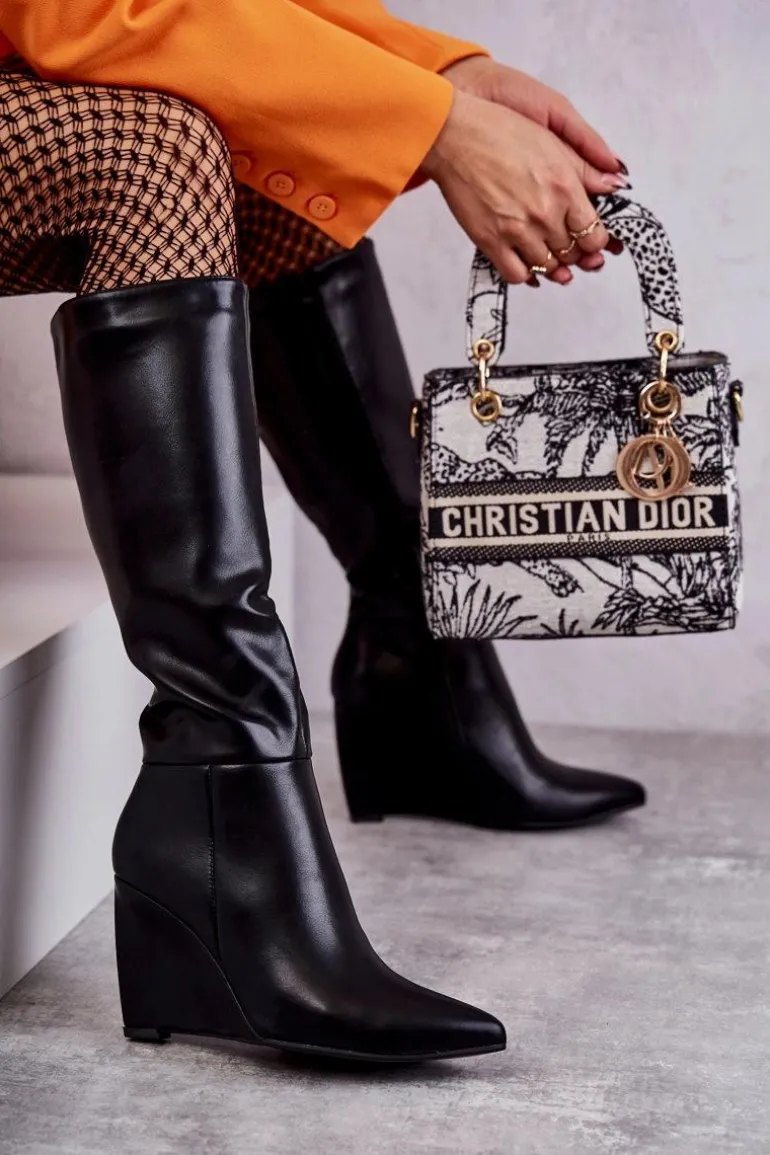 Skórzane Damskie Kozaki Na Koturnie Czarne Arlene