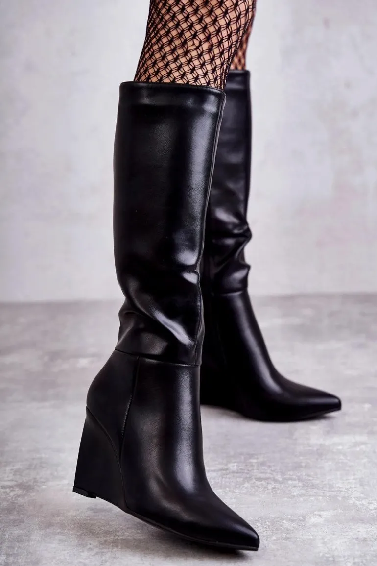 Skórzane Damskie Kozaki Na Koturnie Czarne Arlene