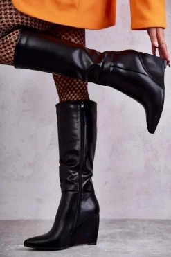 Skórzane Damskie Kozaki Na Koturnie Czarne Arlene