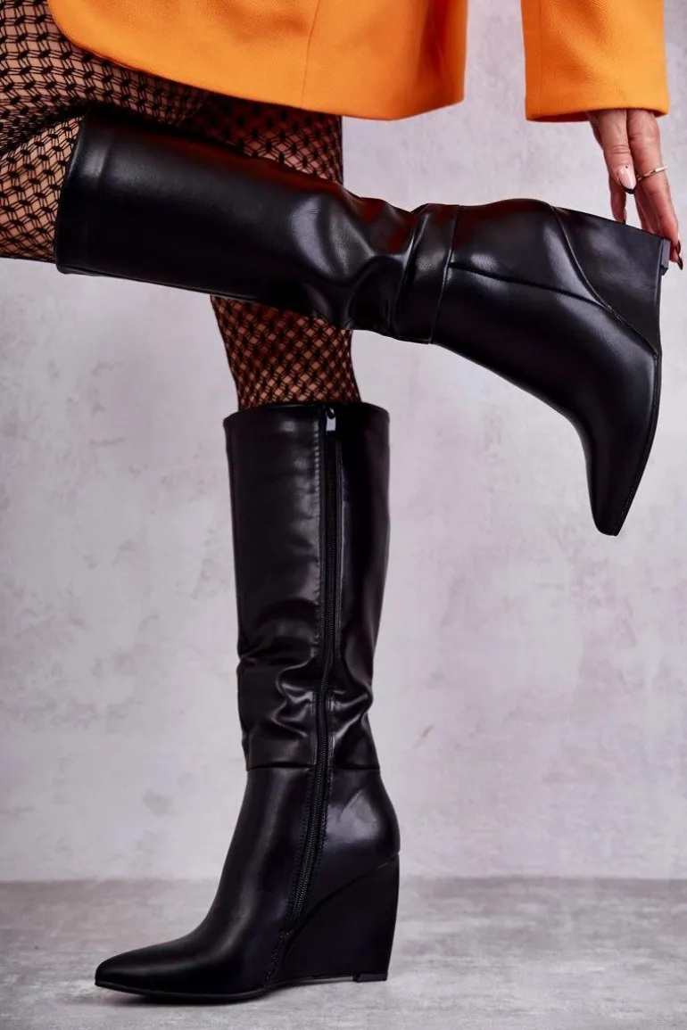 Skórzane Damskie Kozaki Na Koturnie Czarne Arlene