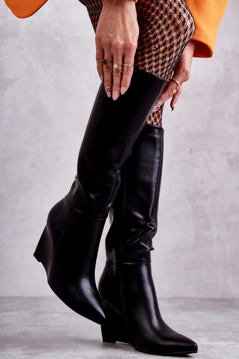 Skórzane Damskie Kozaki Na Koturnie Czarne Arlene