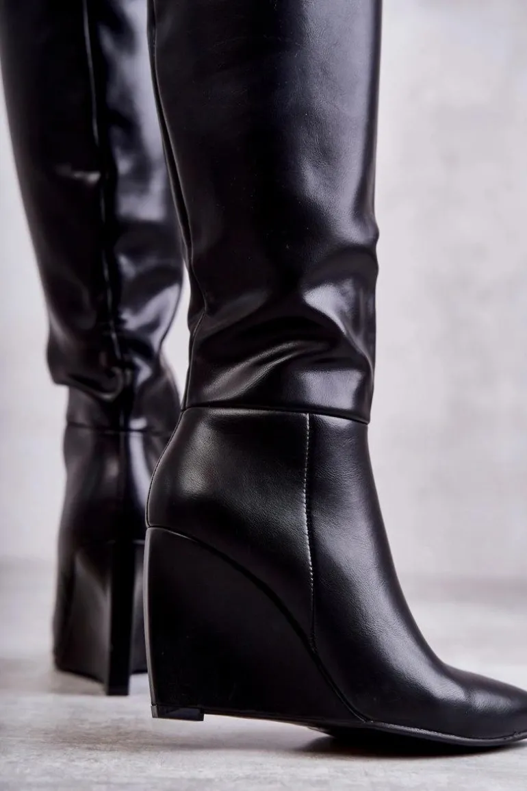 Skórzane Damskie Kozaki Na Koturnie Czarne Arlene