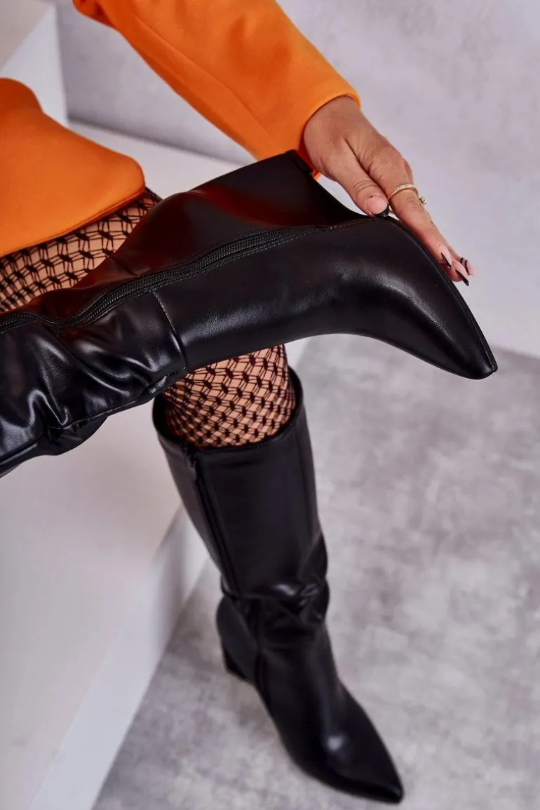 Skórzane Damskie Kozaki Na Koturnie Czarne Arlene