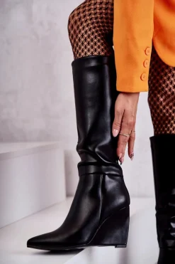 Skórzane Damskie Kozaki Na Koturnie Czarne Arlene