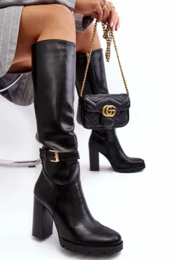 Skórzane Damskie Kozaki Na Słupku Z Klamrą Czarne Bordda