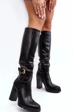 Skórzane Damskie Kozaki Na Słupku Z Klamrą Czarne Bordda