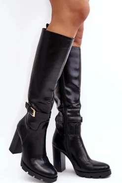 Skórzane Damskie Kozaki Na Słupku Z Klamrą Czarne Bordda