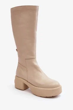 Skórzane Damskie Kozaki Przed Kolano Lemar Jasnobeżowe Malayah