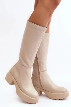 Skórzane Damskie Kozaki Przed Kolano Lemar Jasnobeżowe Malayah
