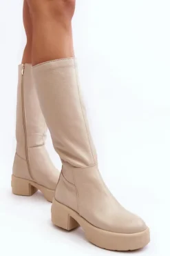 Skórzane Damskie Kozaki Przed Kolano Lemar Jasnobeżowe Malayah