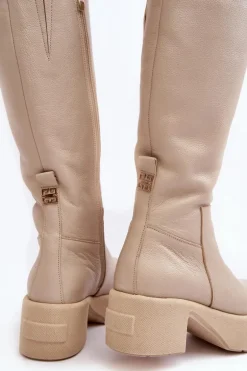 Skórzane Damskie Kozaki Przed Kolano Lemar Jasnobeżowe Malayah