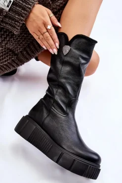 Skórzane Damskie Kozaki Z Wełną Zazoo 70121 Czarne